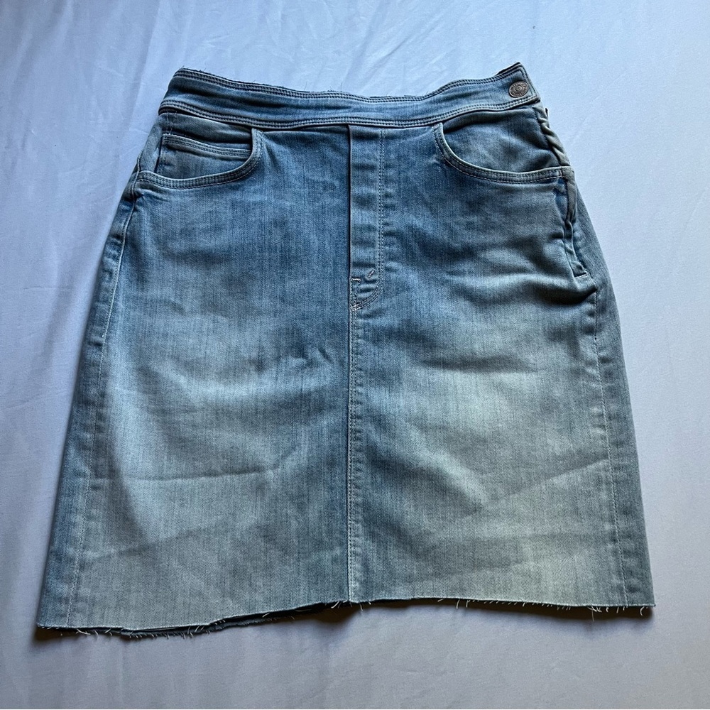 MOTHER blue denim raw fray hem mini skirt‎